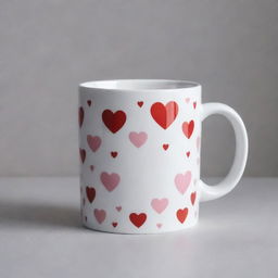 The high-gloss white ceramic mug is now elegantly adorned with both: a pattern of bright red and pink hearts, and the Selecta brand logo prominently displayed.