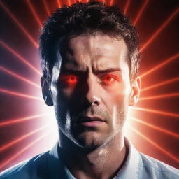 A striking illustration of a man with intense laser beams shooting out from his eyes, a dramatic display of his supernatural abilities.