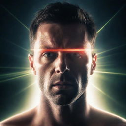 A striking illustration of a man with intense laser beams shooting out from his eyes, a dramatic display of his supernatural abilities.