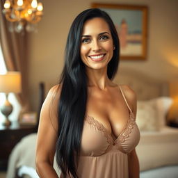 A beautiful 50-year-old woman with long black hair, wearing a thin, sexy nightgown that showcases her stunning, large J Cup breasts