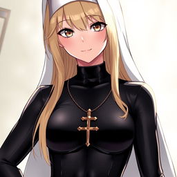 A striking anime-style character featuring long blonde hair and brown eyes, dressed in a traditional nun's habit