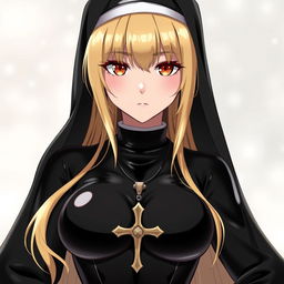 A striking anime-style character featuring long blonde hair and brown eyes, dressed in a traditional nun's habit