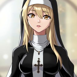 A striking anime-style character featuring long blonde hair and brown eyes, dressed in a traditional nun's habit