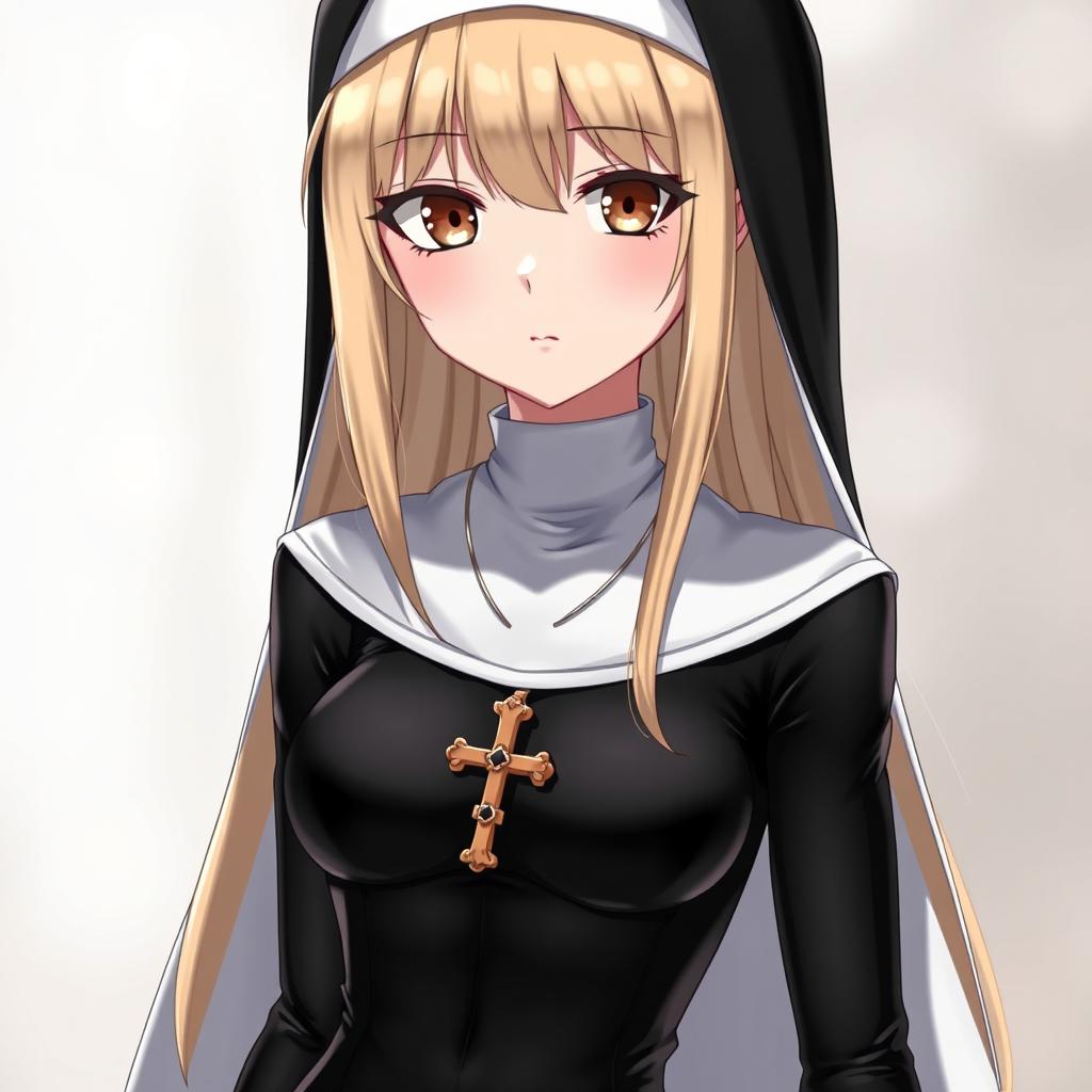 A striking anime-style character featuring long blonde hair and brown eyes, dressed in a traditional nun's habit