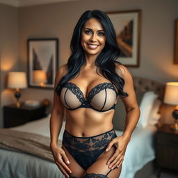 A stunning 50-year-old woman with long black hair, wearing elegant lingerie that accentuates her beautiful, large J Cup breasts