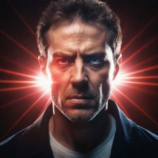 A striking illustration of a man with intense laser beams shooting out from his eyes, a dramatic display of his supernatural abilities.