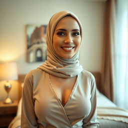 A beautiful 50-year-old woman wearing a stylish hijab, showcasing her attractive and elegant figure with a stunning size 38 bust