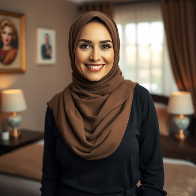 A beautiful 50-year-old woman wearing a stylish hijab, showcasing her attractive and elegant figure with a stunning size 38 bust