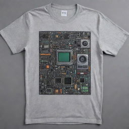 Generate a modern Y2K-inspired print design on a grey t-shirt, showcasing electronics components symbolic of engineering. The design should be vibrant, technologically-driven, and edgy, contrasting against the grey fabric.