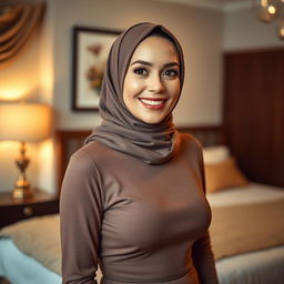 A beautiful 50-year-old woman wearing a stylish hijab, showcasing her attractive and elegant figure with a stunning size 38 bust