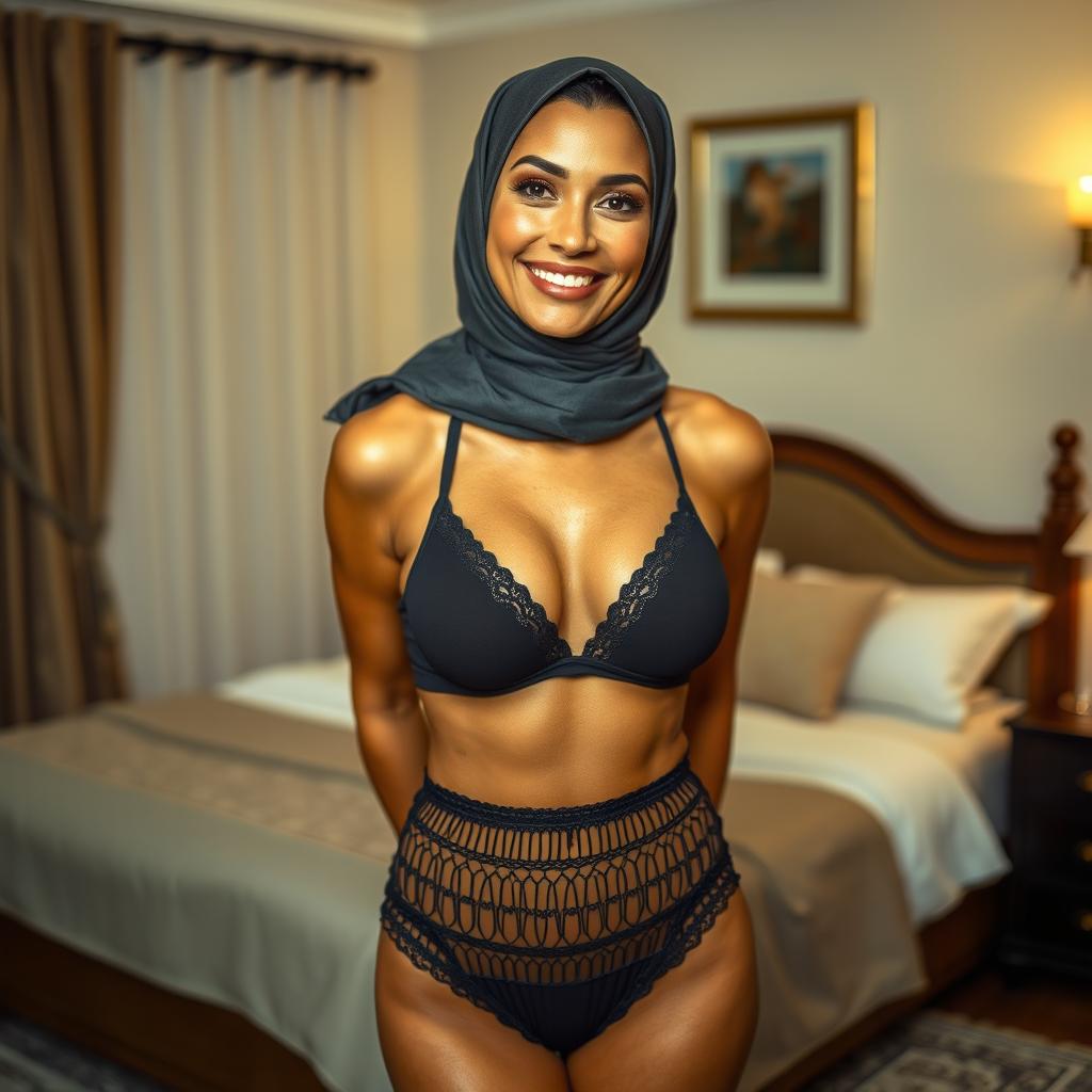 A beautiful 50-year-old woman wearing a stylish hijab, a bra top, and string thong pants, showcasing her stunning and attractive size 38 breasts