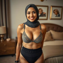 A beautiful 50-year-old woman wearing a stylish hijab, a bra top, and string thong pants, showcasing her stunning and attractive size 38 breasts