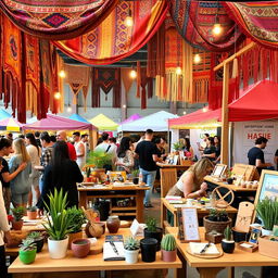 A vibrant bohemian-themed booth at an entrepreneurship fair, adorned with colorful tapestry drapes, macrame hangings, and eclectic patterns