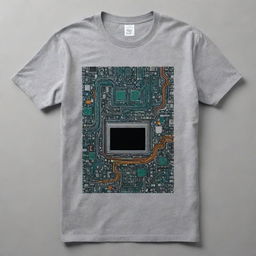 Generate a modern Y2K-inspired print design on a grey t-shirt, showcasing electronics components symbolic of engineering. The design should be vibrant, technologically-driven, and edgy, contrasting against the grey fabric.