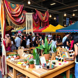 A vibrant bohemian-themed booth at an entrepreneurship fair, adorned with colorful tapestry drapes, macrame hangings, and eclectic patterns