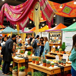 A vibrant bohemian-themed booth at an entrepreneurship fair, adorned with colorful tapestry drapes, macrame hangings, and eclectic patterns