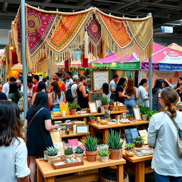 A vibrant bohemian-themed booth at an entrepreneurship fair, adorned with colorful tapestry drapes, macrame hangings, and eclectic patterns