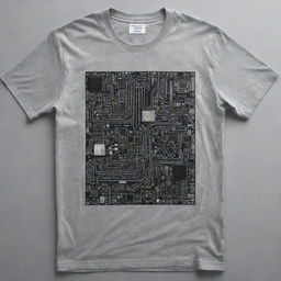 Generate a modern Y2K-inspired print design on a grey t-shirt, showcasing electronics components symbolic of engineering. The design should be vibrant, technologically-driven, and edgy, contrasting against the grey fabric.