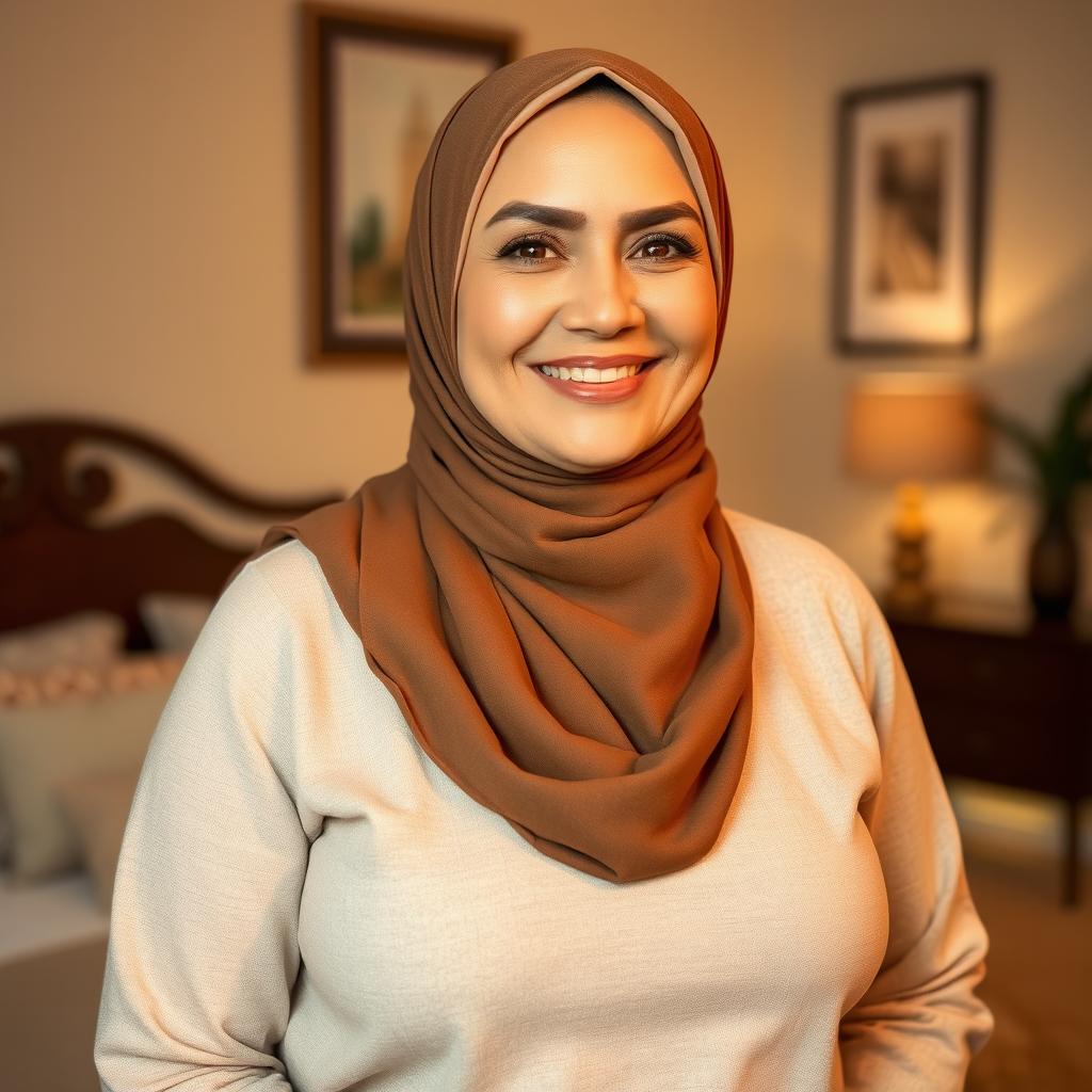 A beautiful 50-year-old woman wearing a stylish hijab, showcasing her large and attractive size 38 breasts