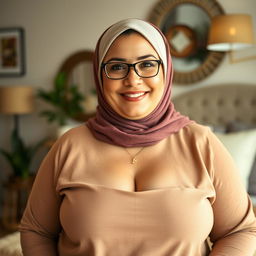 A beautiful 50-year-old woman wearing a stylish hijab, showcasing her large and attractive size 38 breasts