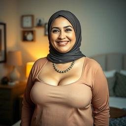 A beautiful 50-year-old woman wearing a stylish hijab, showcasing her large and attractive size 38 breasts