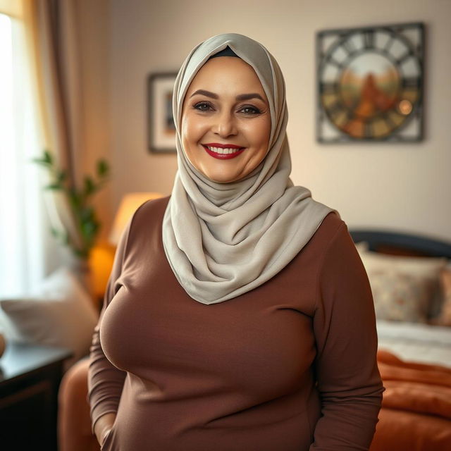 A beautiful 50-year-old woman wearing a stylish hijab, showcasing her large and attractive size 38 breasts