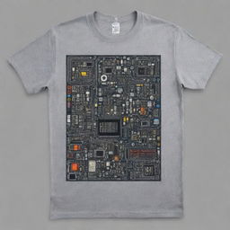 Generate a modern Y2K-inspired print design on a grey t-shirt, showcasing electronics components symbolic of engineering. The design should be vibrant, technologically-driven, and edgy, contrasting against the grey fabric.