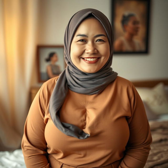 A beautiful 50-year-old Indonesian woman wearing a stylish hijab, showcasing her large and attractive size 38 breasts