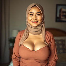 A beautiful 50-year-old Indonesian woman wearing a stylish hijab, showcasing her large and attractive size 38 breasts