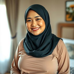 A beautiful 50-year-old Indonesian woman wearing a stylish hijab, showcasing her large and attractive size 38 breasts