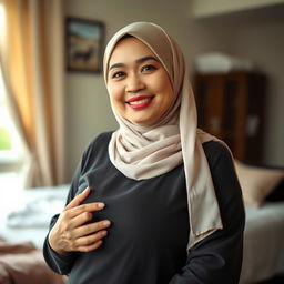 A beautiful 50-year-old Indonesian woman wearing a stylish hijab, showcasing her large and attractive size 38 breasts