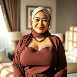 A beautiful 50-year-old Indonesian woman wearing an elegant hijab, showcasing her large and attractive size 50 breasts