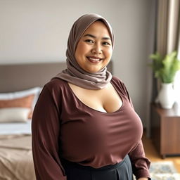 A beautiful 50-year-old Indonesian woman wearing an elegant hijab, showcasing her large and attractive size 50 breasts