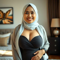 A beautiful 50-year-old Indonesian woman wearing an elegant hijab, showcasing her large and attractive size 50 breasts