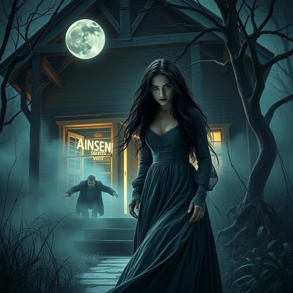 A mysterious woman with long flowing dark hair wearing a vintage long dress, cautiously entering a haunted house