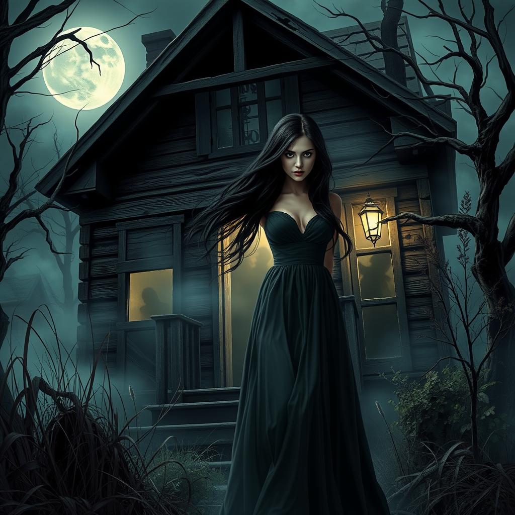 A mysterious woman with long flowing dark hair wearing a vintage long dress, cautiously entering a haunted house