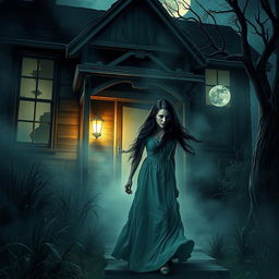 A mysterious woman with long flowing dark hair wearing a vintage long dress, cautiously entering a haunted house