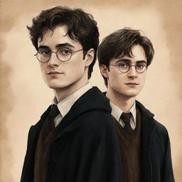 An artistic illustration of James Potter and Regulus Black, two beloved characters from the Harry Potter series. Capturing their distinct personalities and the mystique surrounding them, rendered in a unique and captivating drawing style.