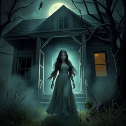 A mysterious woman with long flowing dark hair wearing a vintage long dress, cautiously entering a haunted house