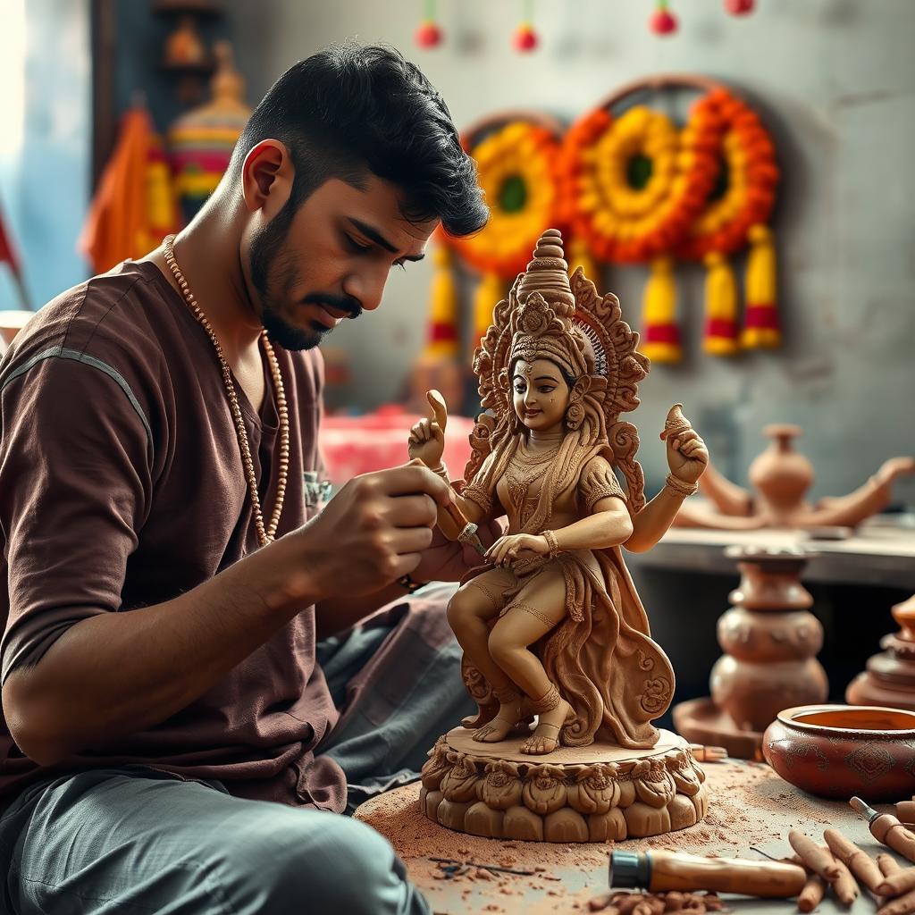 A skilled artisan creating a stunning clay idol of Goddess Durga, meticulously shaping the features and intricate details