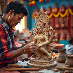 A skilled artisan creating a stunning clay idol of Goddess Durga, meticulously shaping the features and intricate details