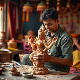 A skilled artisan creating a stunning clay idol of Goddess Durga, meticulously shaping the features and intricate details