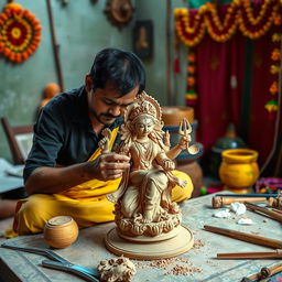 A skilled artisan creating a stunning clay idol of Goddess Durga, meticulously shaping the features and intricate details