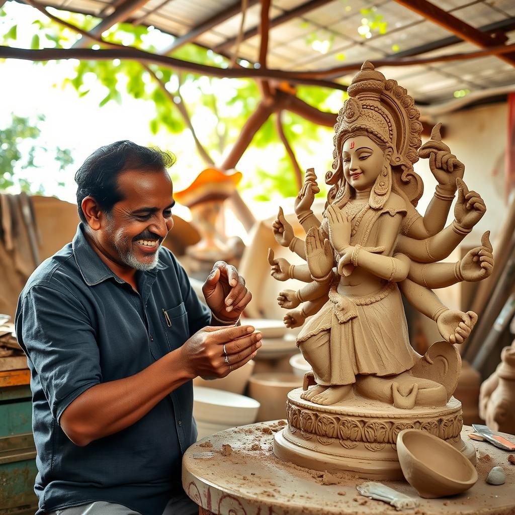 A skilled artisan carefully sculpting a large Durga idol using clay, surrounded by various tools and materials for the craft