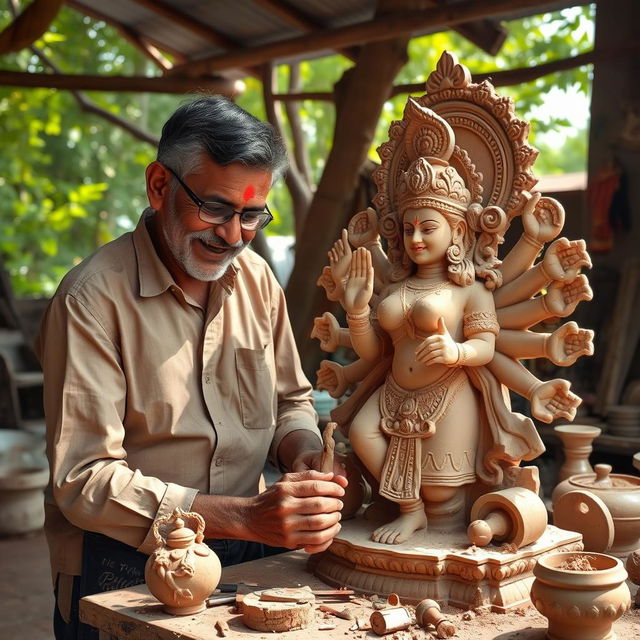 A skilled artisan carefully sculpting a large Durga idol using clay, surrounded by various tools and materials for the craft