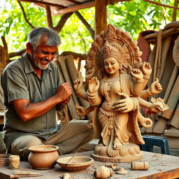 A skilled artisan carefully sculpting a large Durga idol using clay, surrounded by various tools and materials for the craft