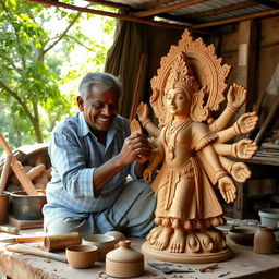 A skilled artisan carefully sculpting a large Durga idol using clay, surrounded by various tools and materials for the craft