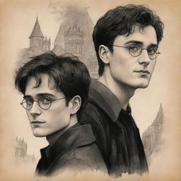 An artistic illustration of James Potter and Regulus Black, two beloved characters from the Harry Potter series. Capturing their distinct personalities and the mystique surrounding them, rendered in a unique and captivating drawing style.