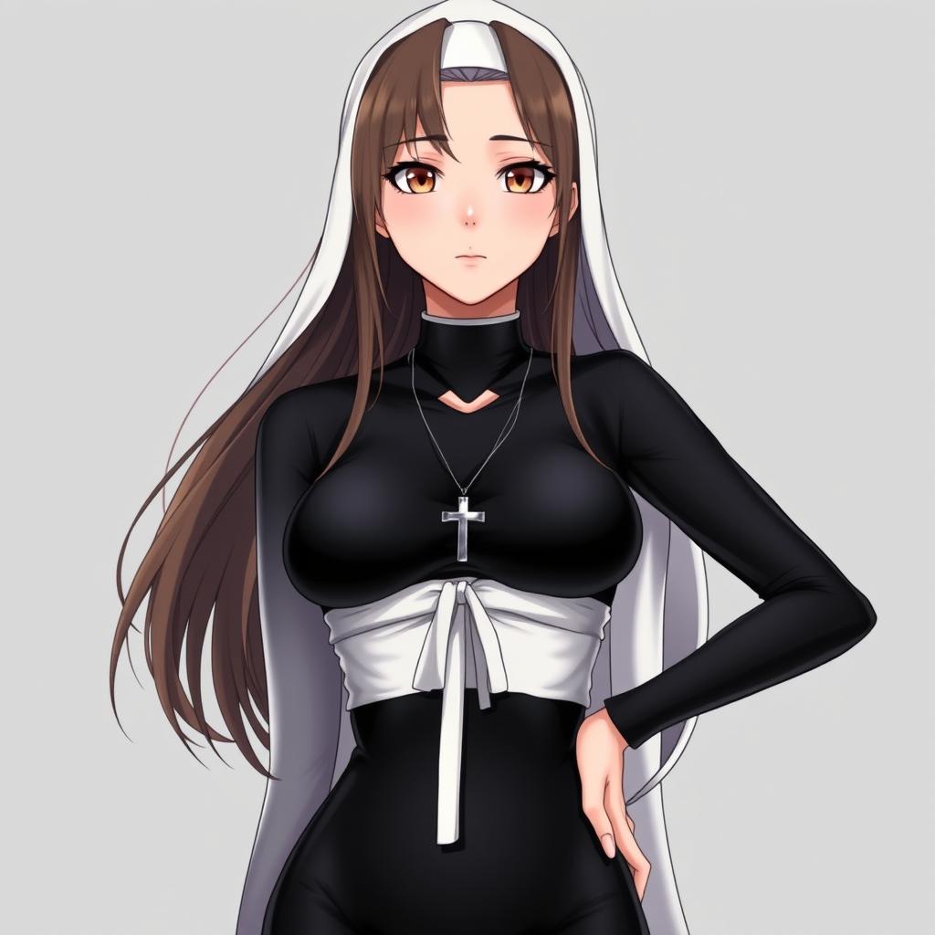 A stunning 30-year-old woman with long brown hair and striking grey hair, showcasing her traditional nun attire, which includes a classic nun habit complemented by a black latex bodysuit that is skin-tight, accentuating her figure