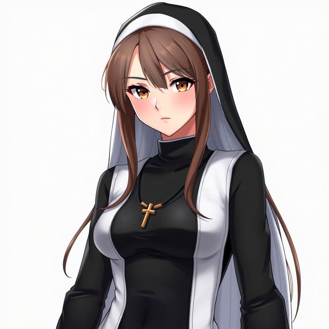 A stunning 30-year-old woman with long brown hair and striking grey hair, showcasing her traditional nun attire, which includes a classic nun habit complemented by a black latex bodysuit that is skin-tight, accentuating her figure